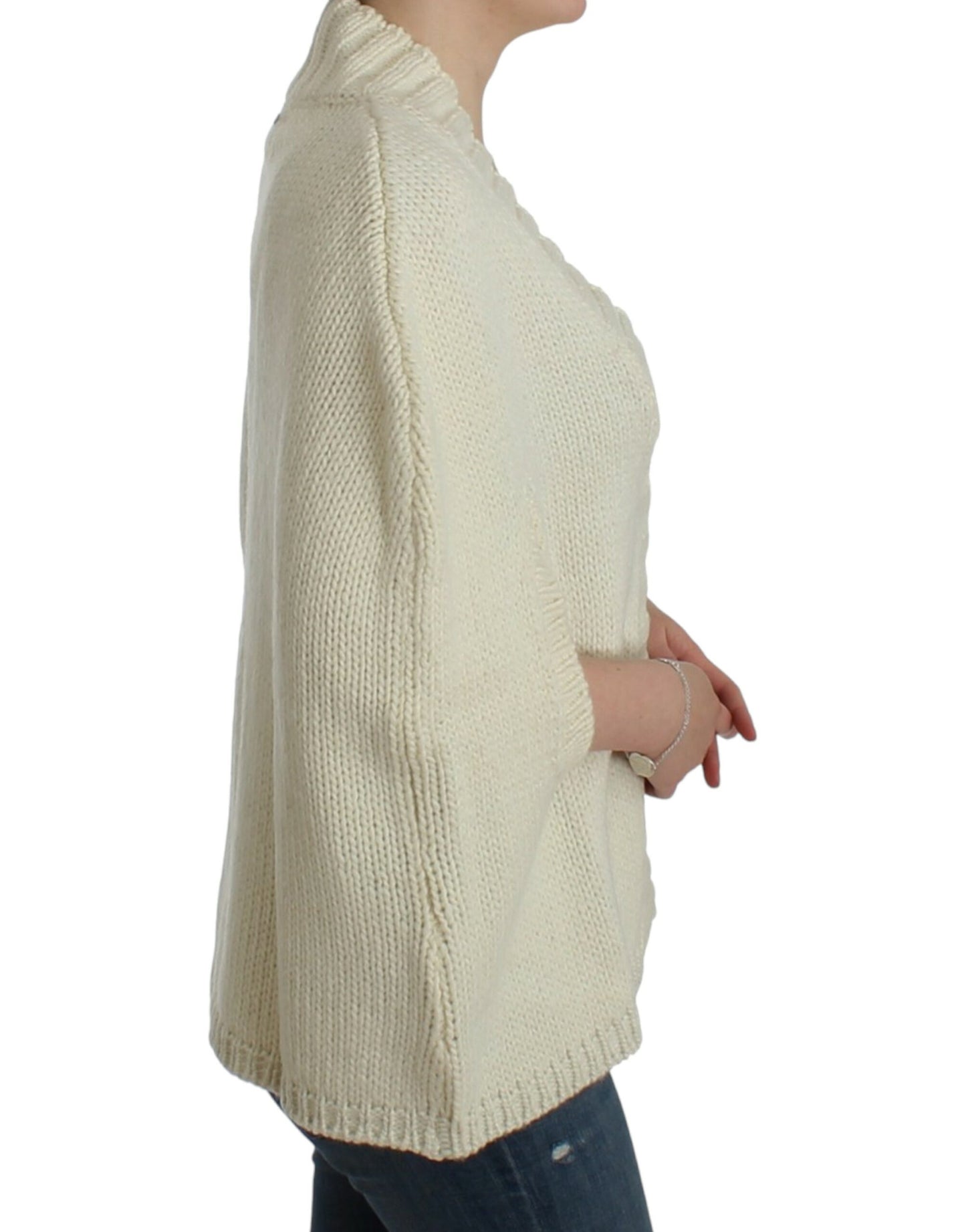 Elegant White Knitted Cape-Cardigan Hybrid - SEHABRANDS