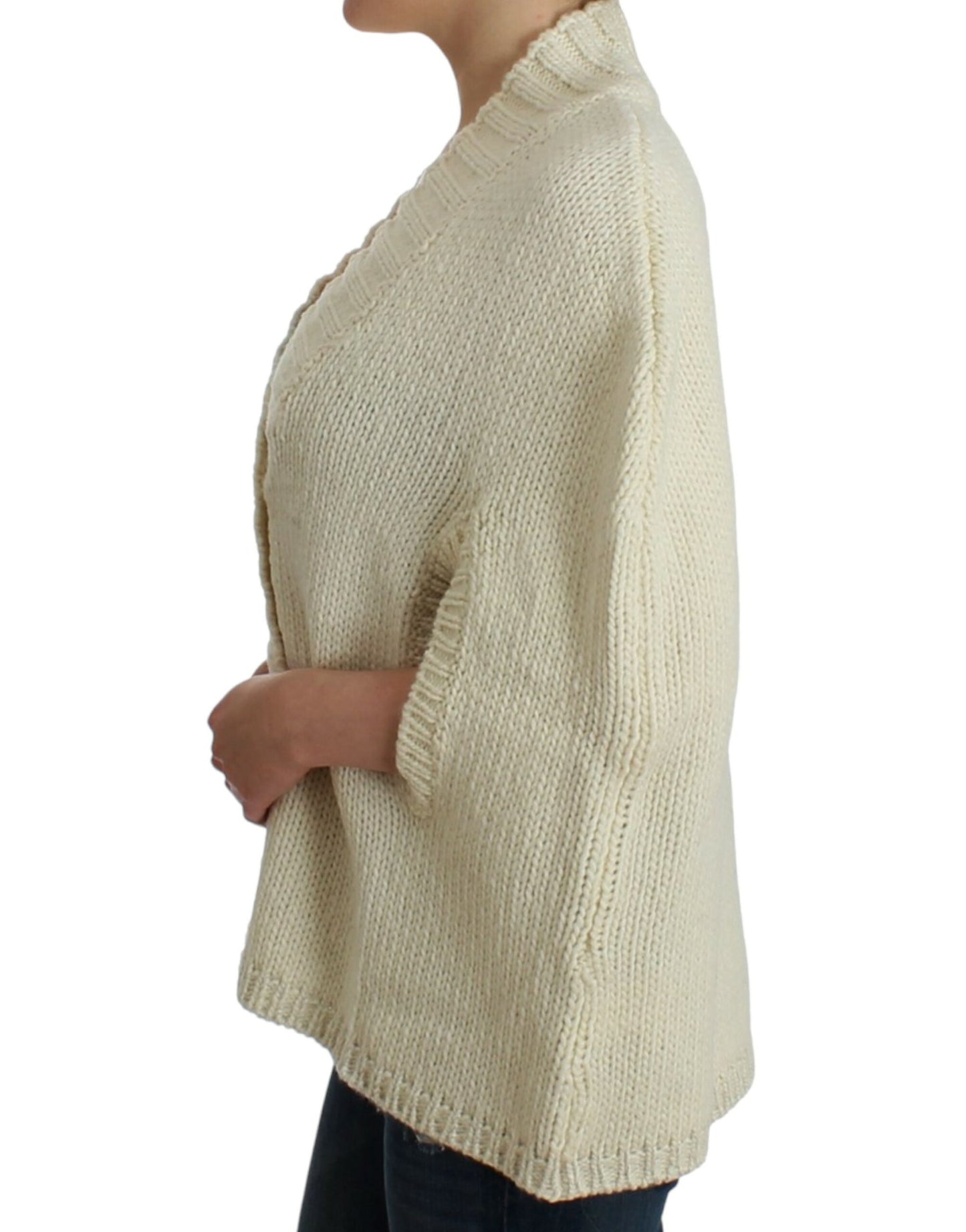 Elegant White Knitted Cape-Cardigan Hybrid - SEHABRANDS