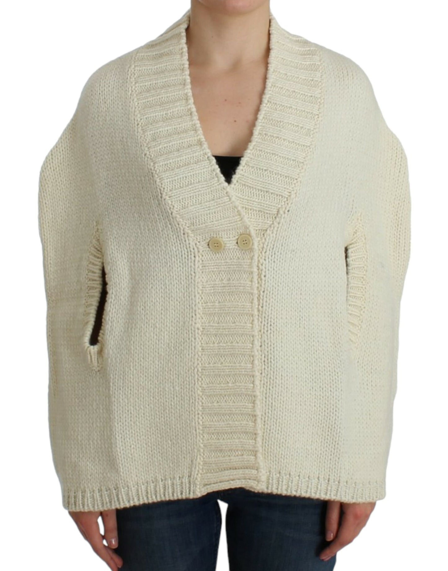 Elegant White Knitted Cape-Cardigan Hybrid - SEHABRANDS