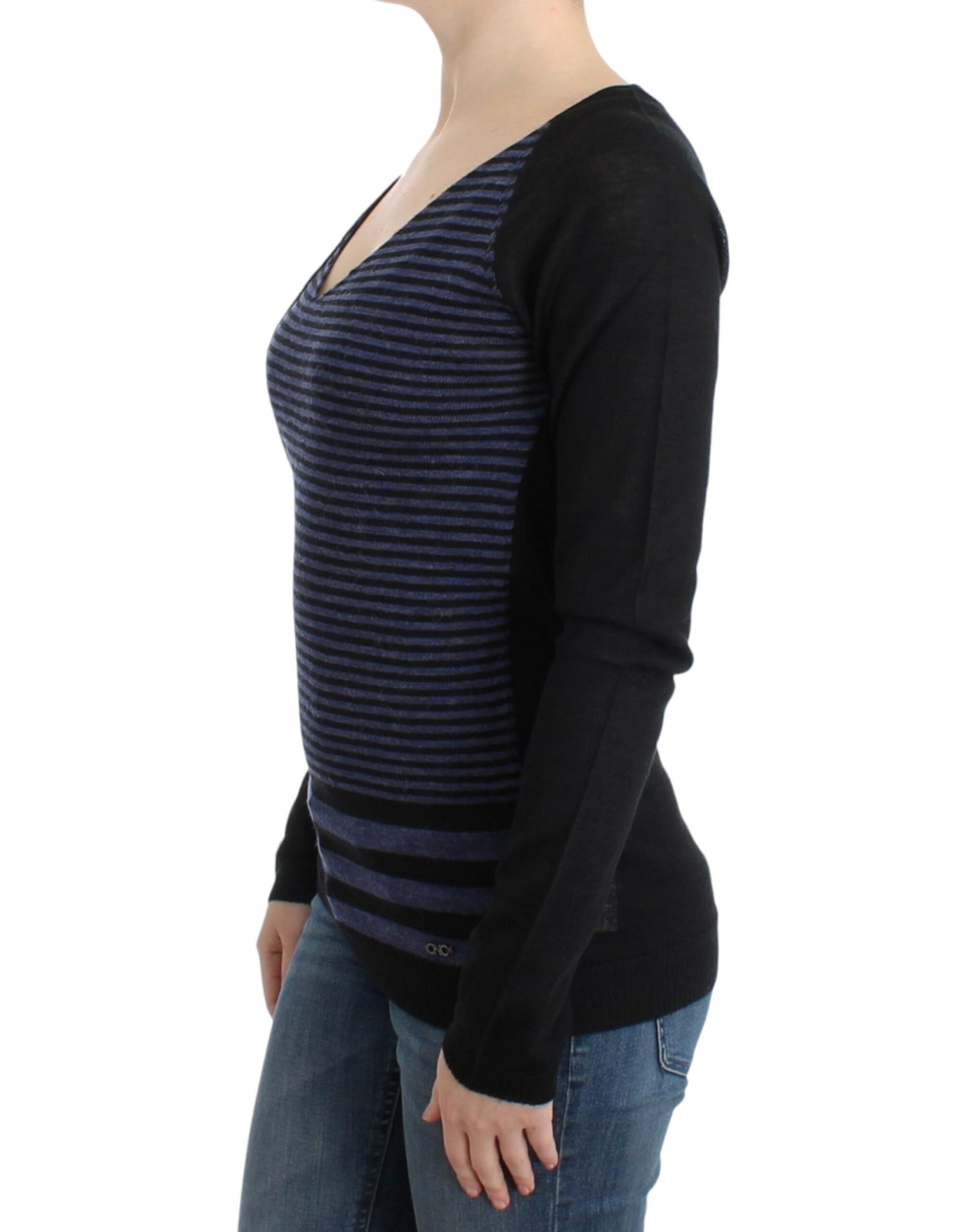 Chic Striped V-Neck Wool Blend Sweater - SEHABRANDS