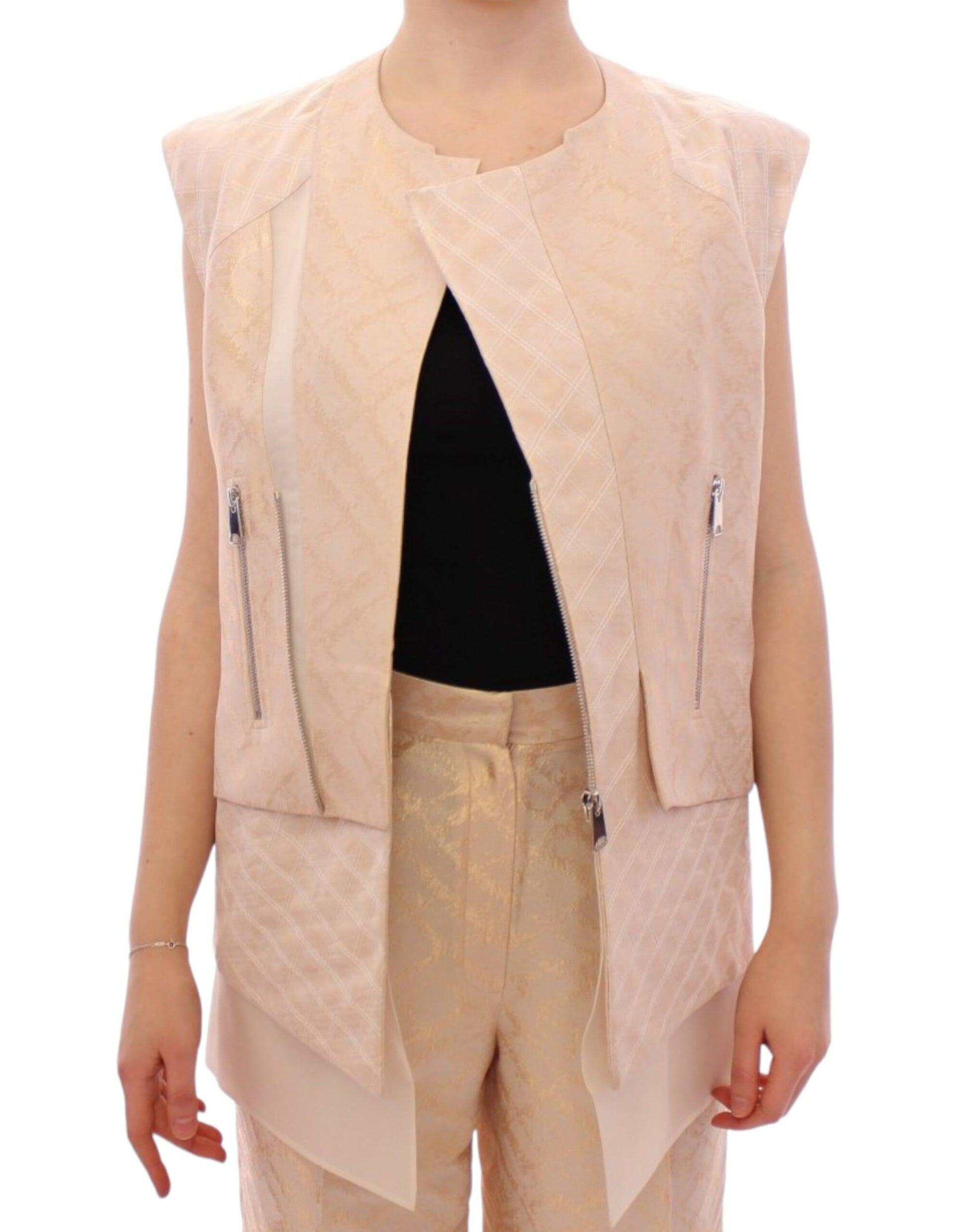 Exquisite Beige Brocade Sleeveless Jacket Vest - SEHABRANDS