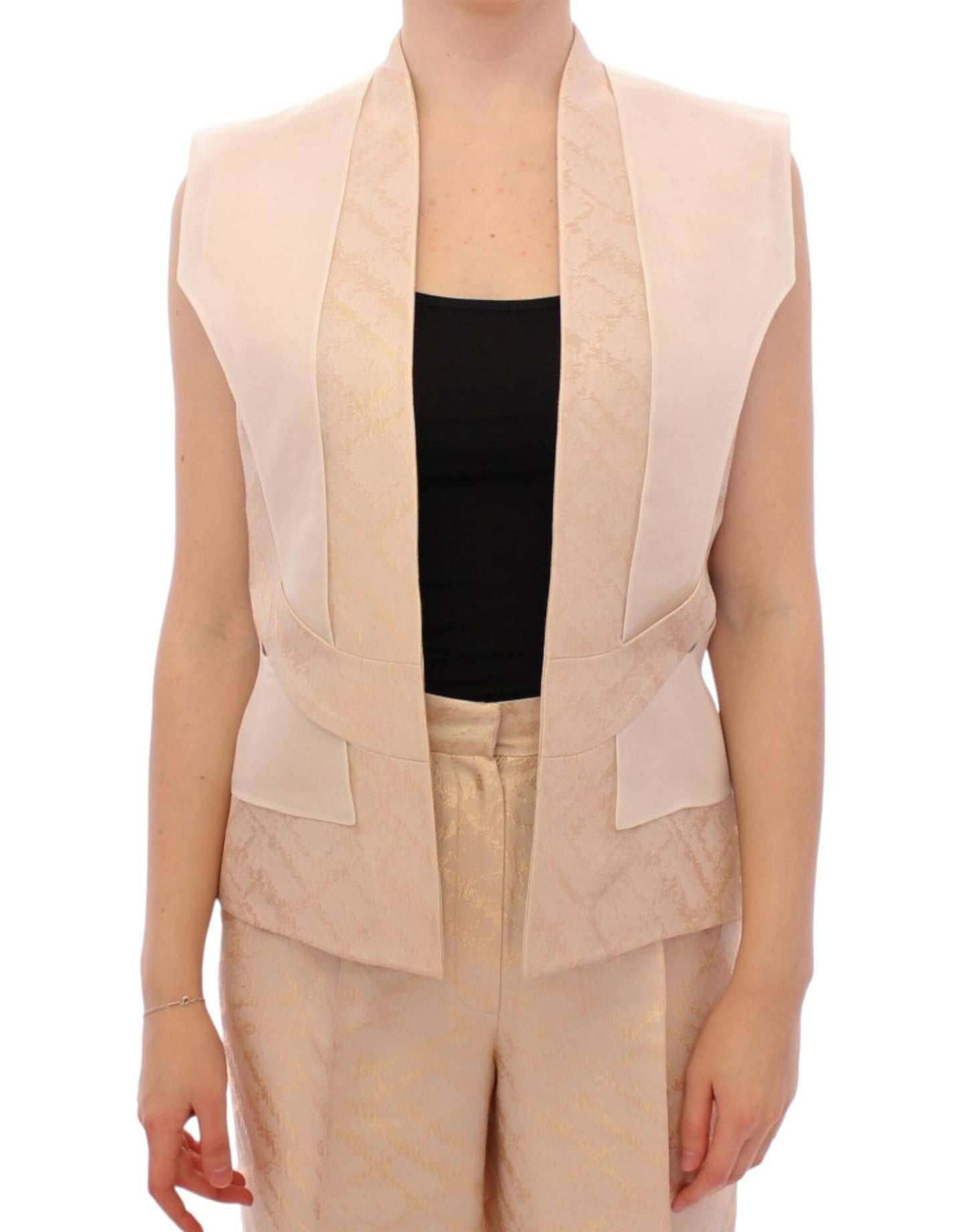 Exclusive Beige Brocade Sleeveless Vest - SEHABRANDS