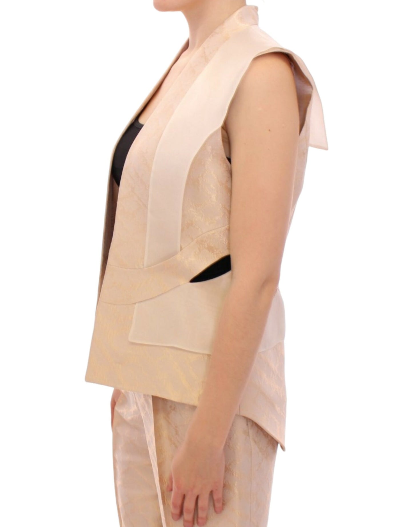 Exclusive Beige Brocade Sleeveless Vest - SEHABRANDS