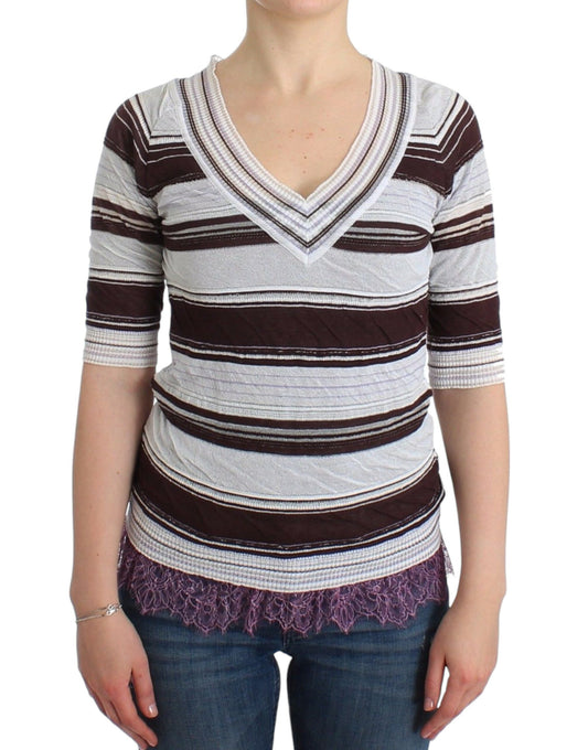 Striped V-Neck Knit Top with Lace Hem - SEHABRANDS