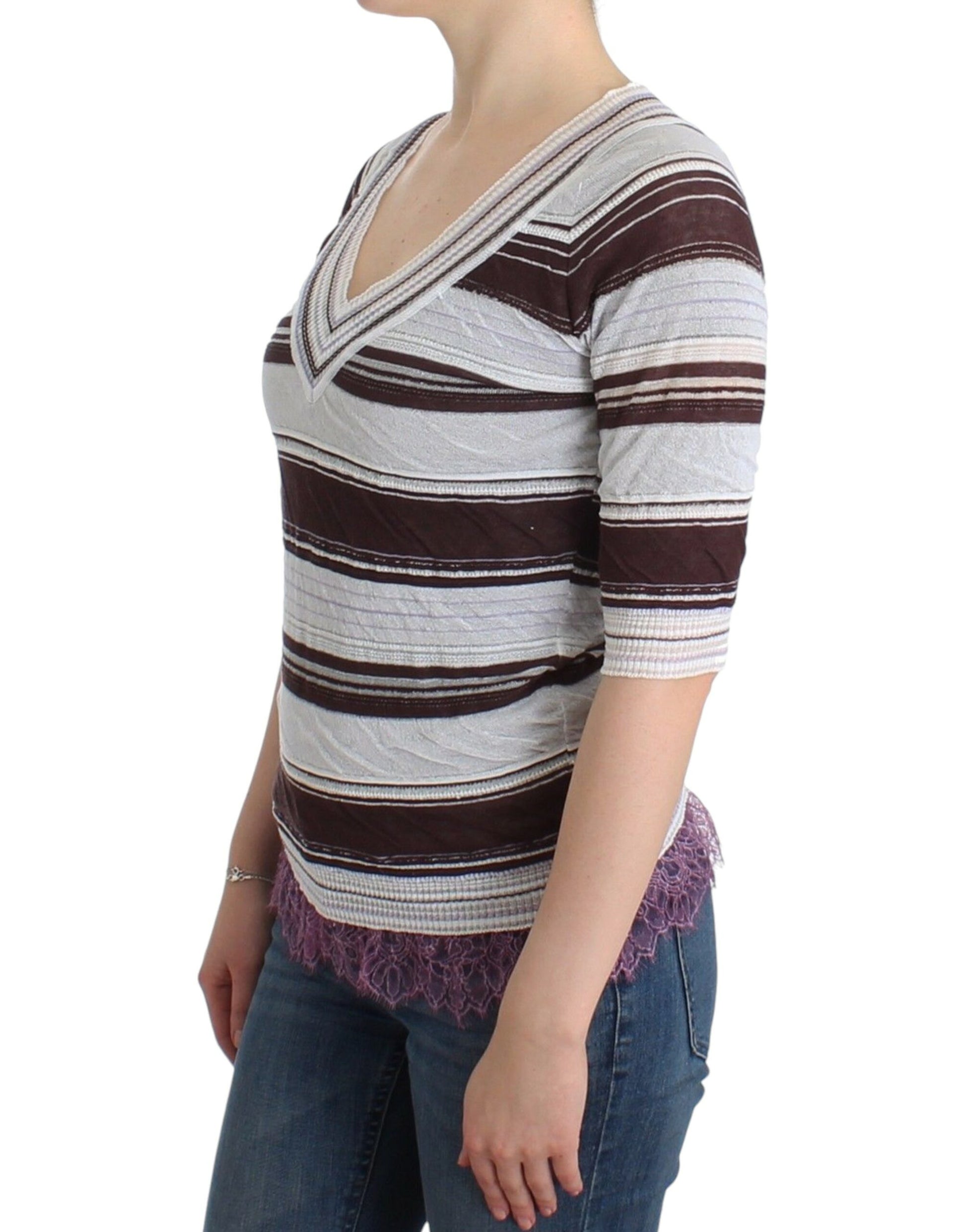 Striped V-Neck Knit Top with Lace Hem - SEHABRANDS