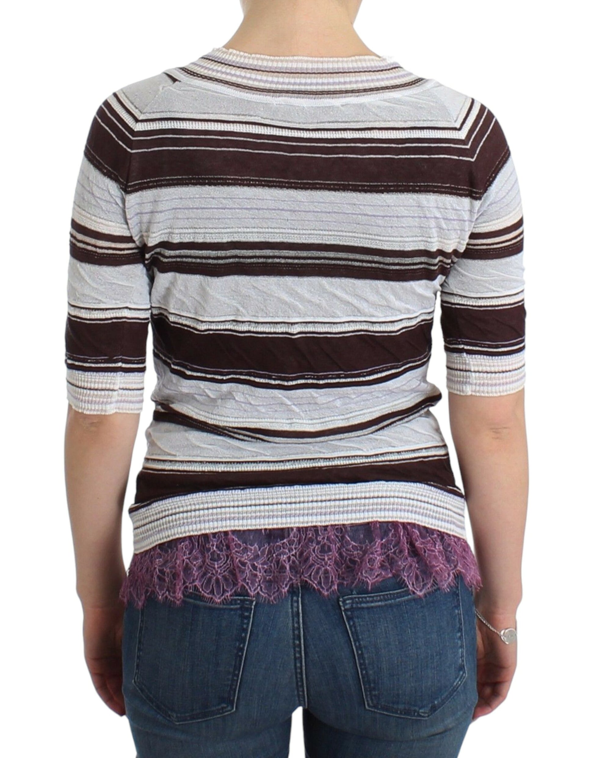 Striped V-Neck Knit Top with Lace Hem - SEHABRANDS