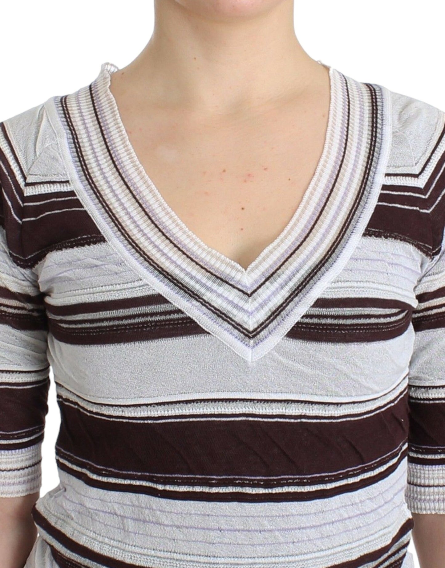 Striped V-Neck Knit Top with Lace Hem - SEHABRANDS