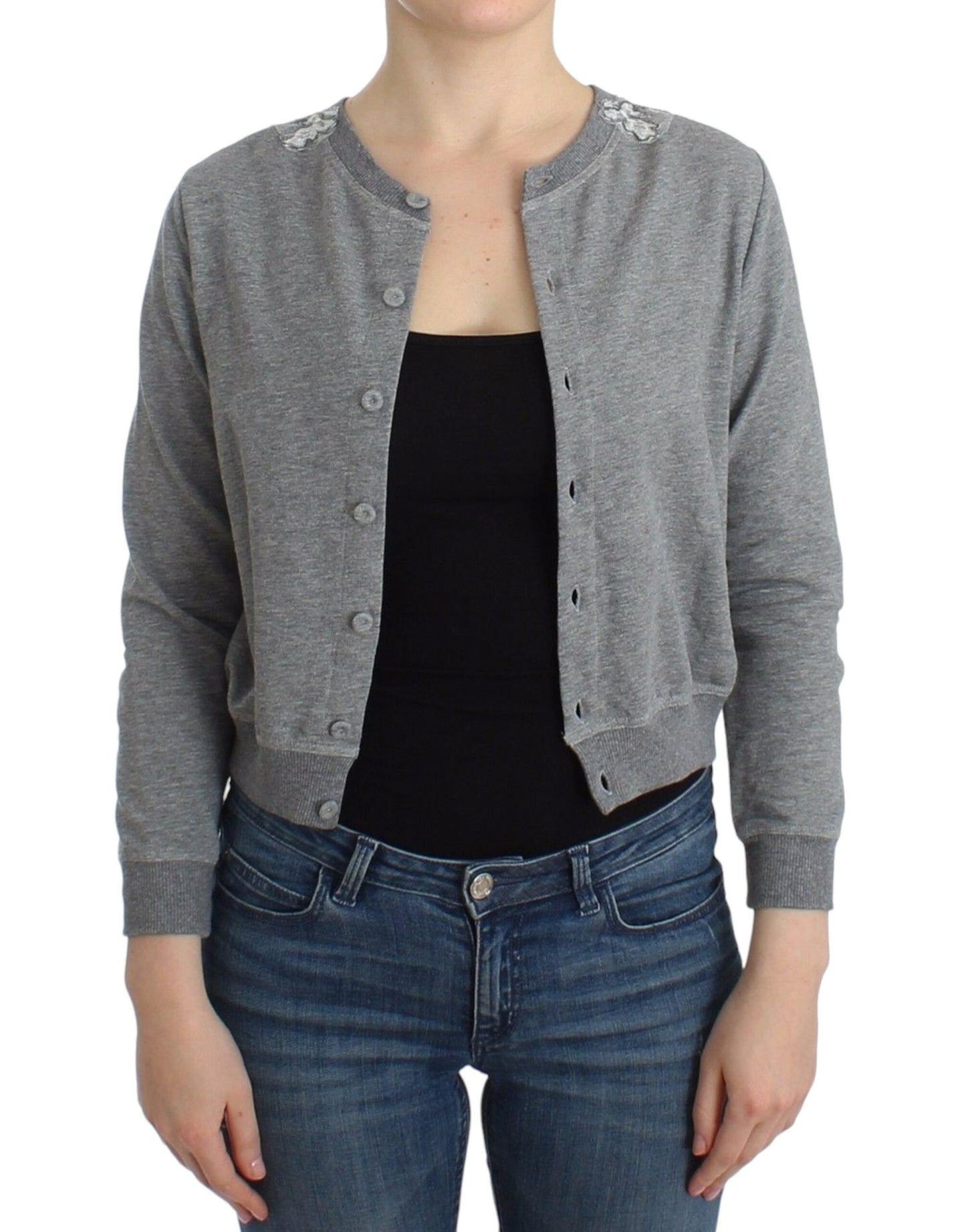 Chic Gray Cotton Blend Short Cardigan - SEHABRANDS