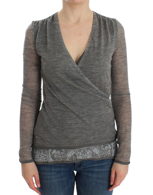 Elegant Gray Wool Blend Deep V-neck Sweater - SEHABRANDS