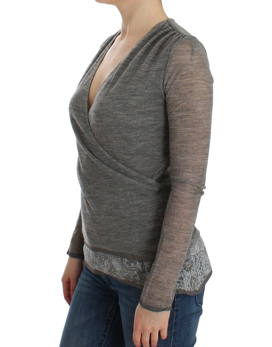 Elegant Gray Wool Blend Deep V-neck Sweater - SEHABRANDS