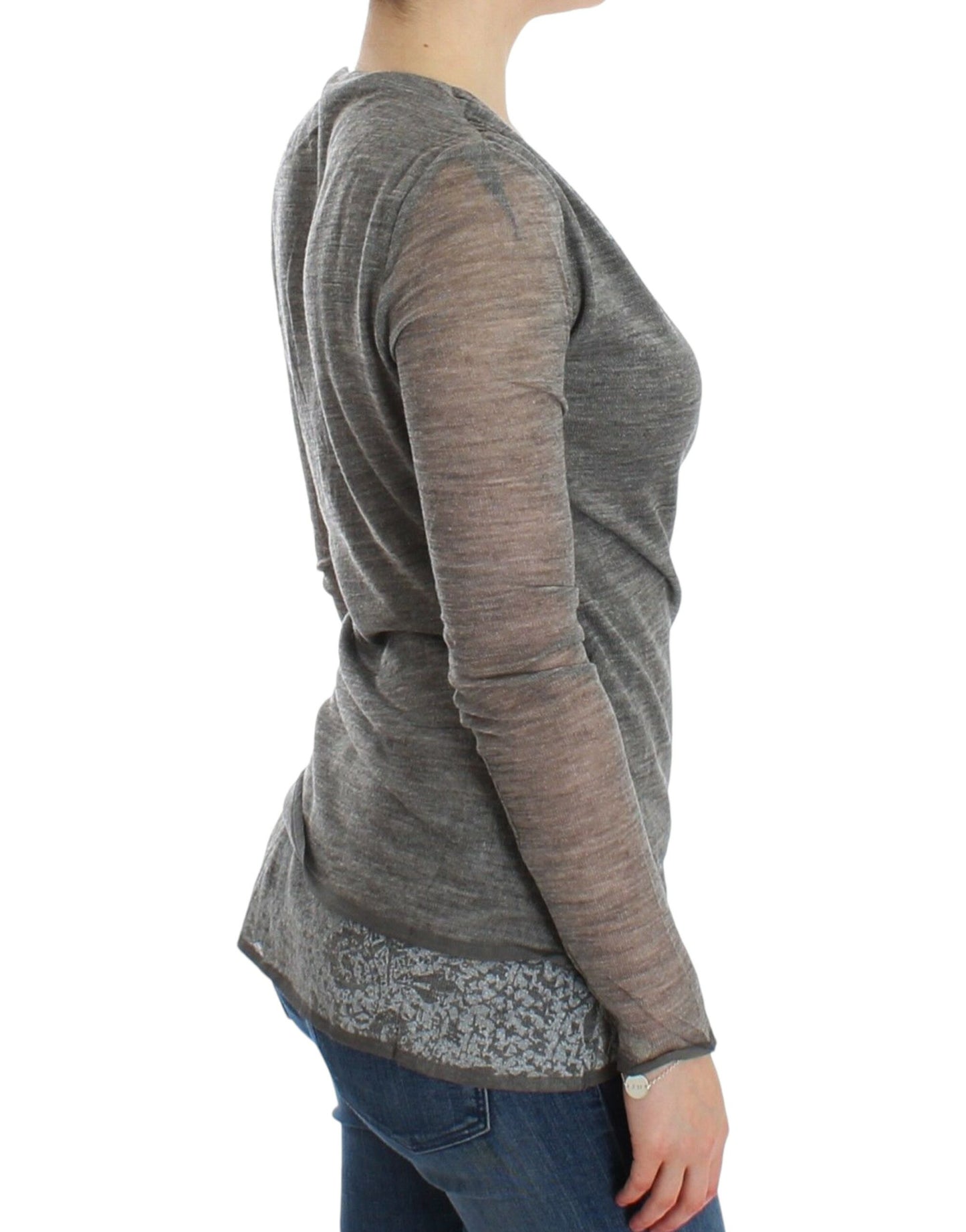 Elegant Gray Wool Blend Deep V-neck Sweater - SEHABRANDS