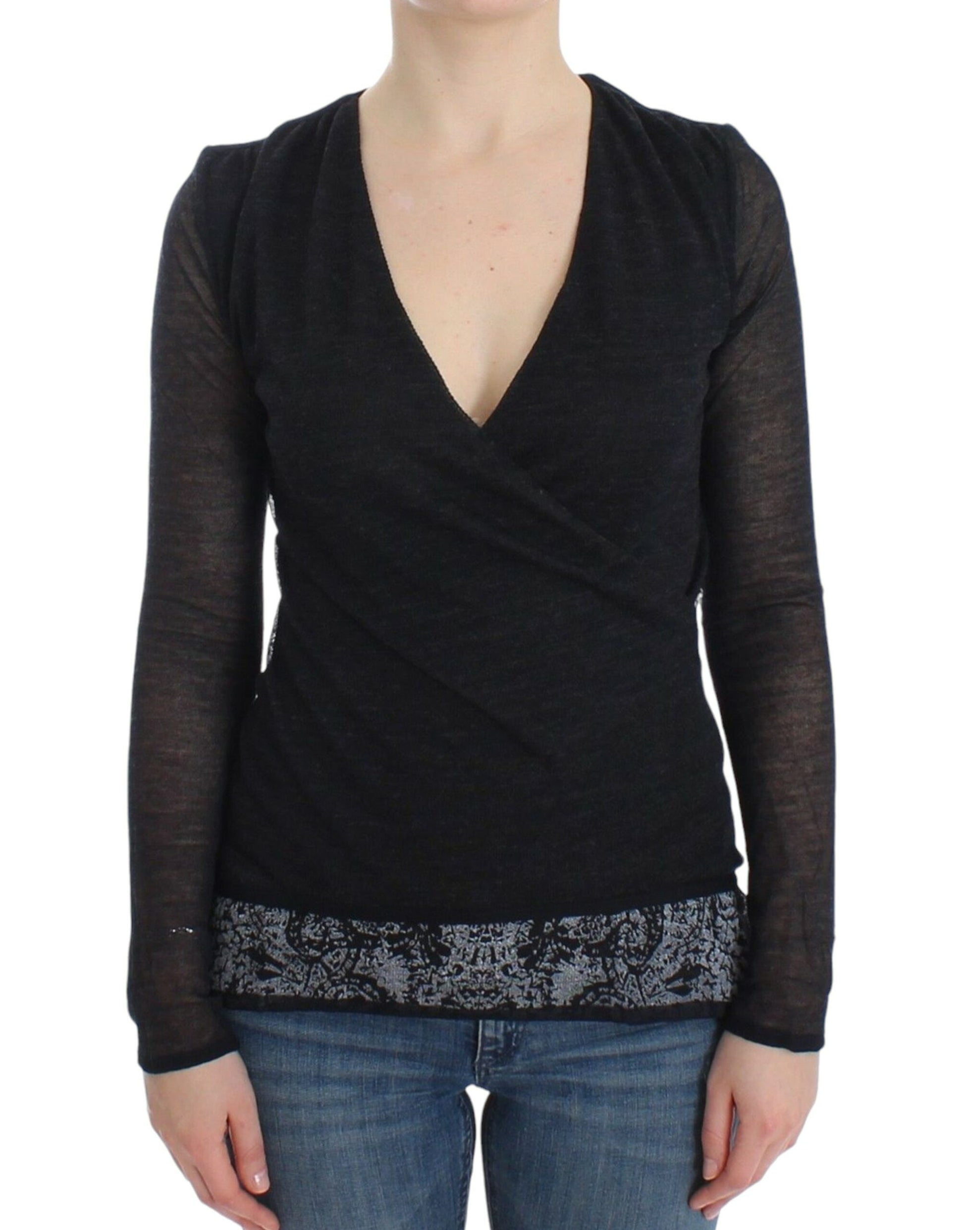 Deep V-neck Black Wool Blend Sweater - SEHABRANDS