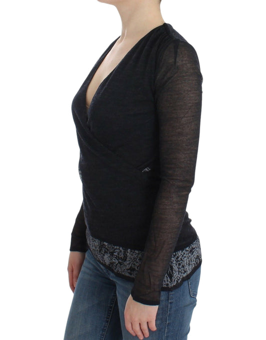 Deep V-neck Black Wool Blend Sweater - SEHABRANDS