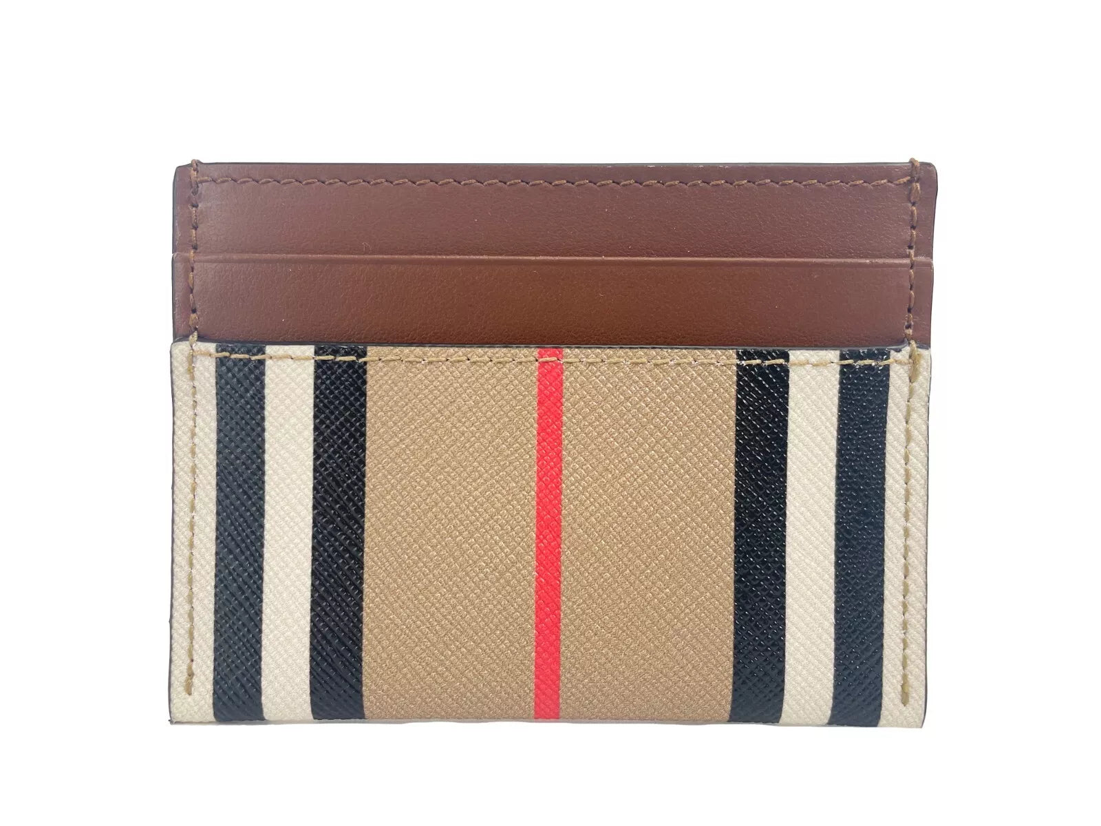 Sandon Tan Canvas Check Printed Leather Slim Card Case Wallet - SEHABRANDS