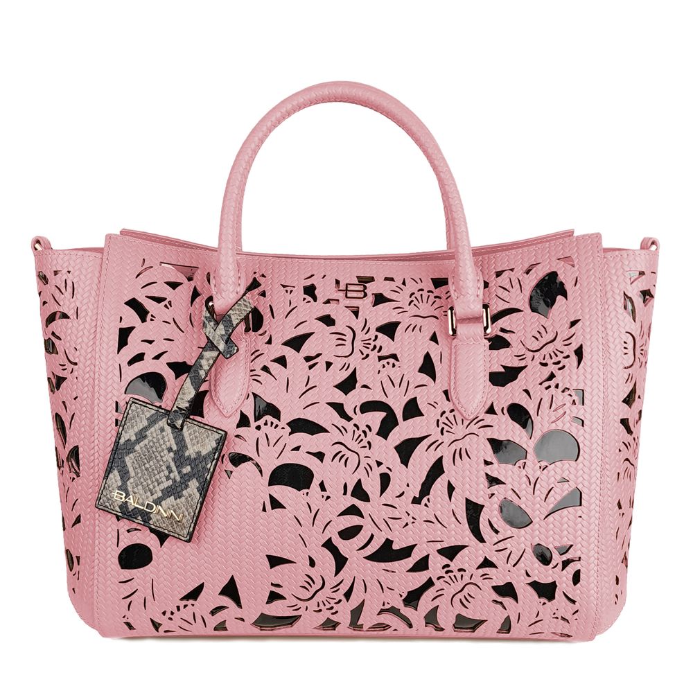 Chic Pink Calfskin Handbag with Floral Accents - SEHABRANDS