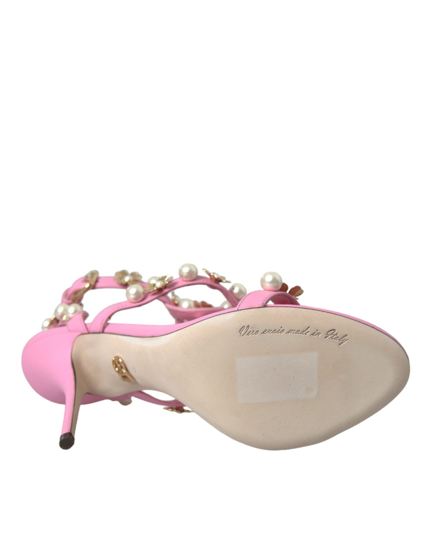 Dolce & Gabbana Pink Leather Embellished Heels Sandals Shoes