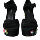 Dolce & Gabbana Black Floral Ankle Strap Heels Sandals Shoes