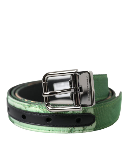 Dolce & Gabbana Green Leather Jacquard Silver Metal Buckle Belt