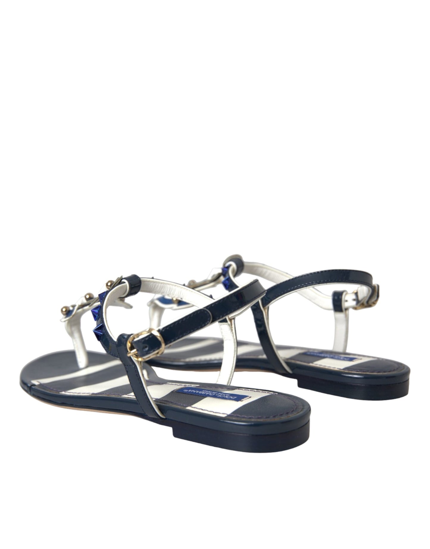 Dolce & Gabbana Blue Stripes Leather Studded Flats Sandals Shoes