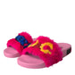 Dolce & Gabbana Multicolor Embroidered Fur Slides Sandals Shoes