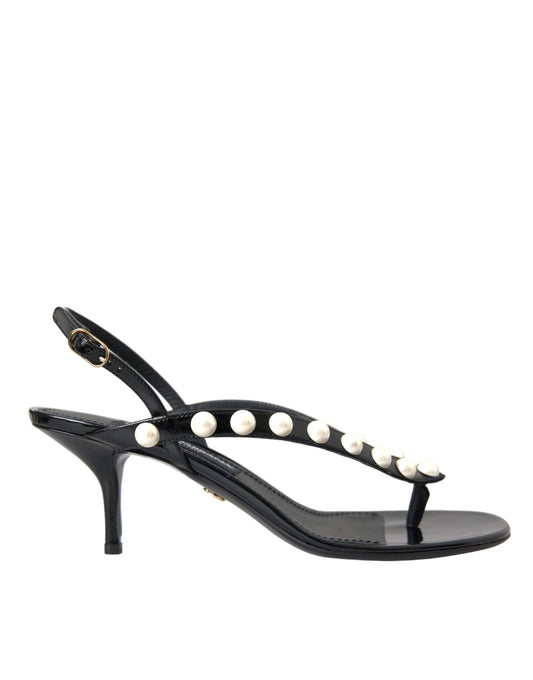 Dolce & Gabbana Black Leather Faux Pearl Heel Sandals Shoes