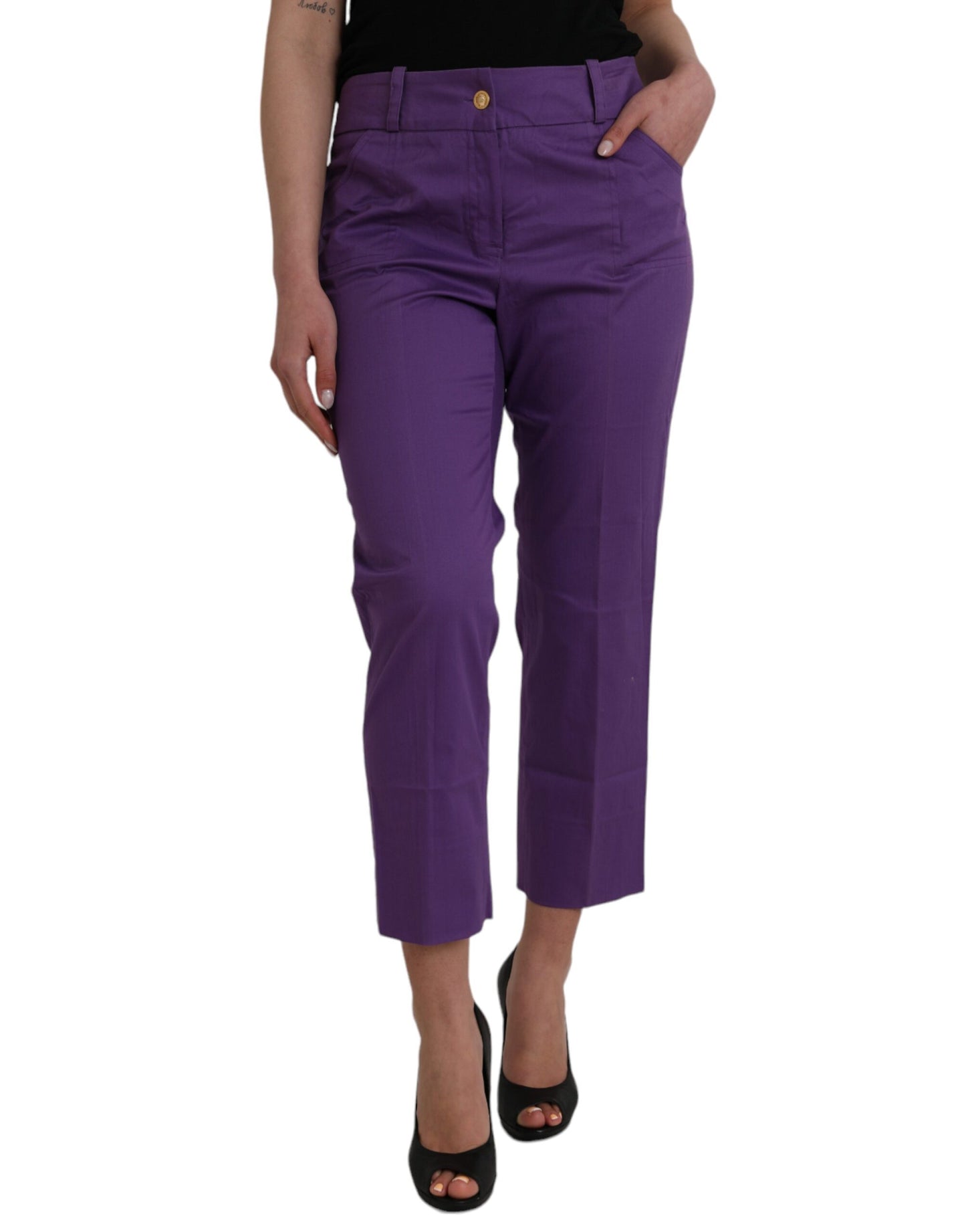 Purple Cotton MidWaist Straight Cropped Pants - SEHABRANDS