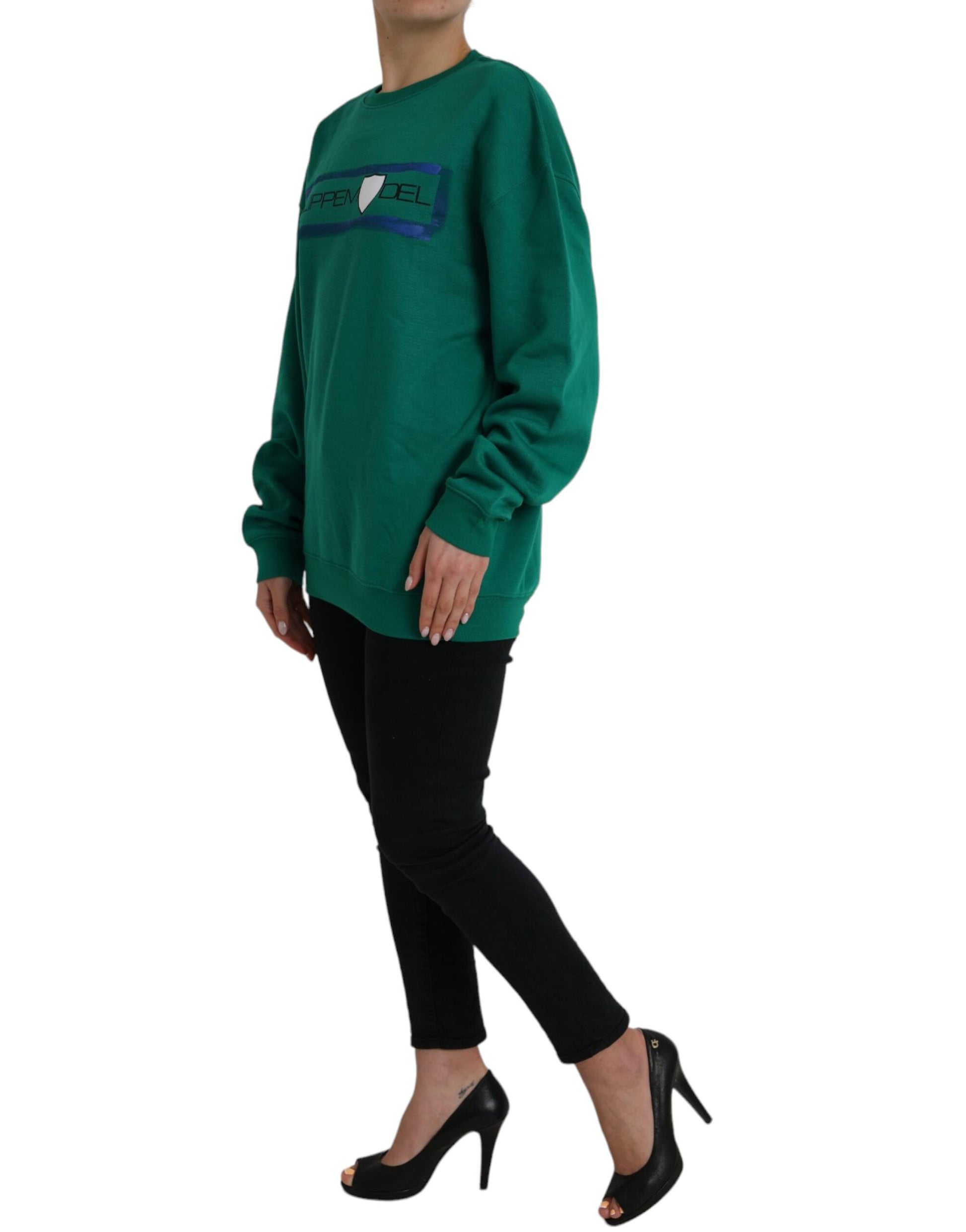 Green Cotton Logo Print Long Sleeves Pullover Sweater - SEHABRANDS