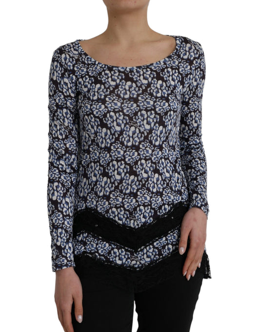 Blue Floral Lace Long Sleeves Top Underwear Blouse - SEHABRANDS