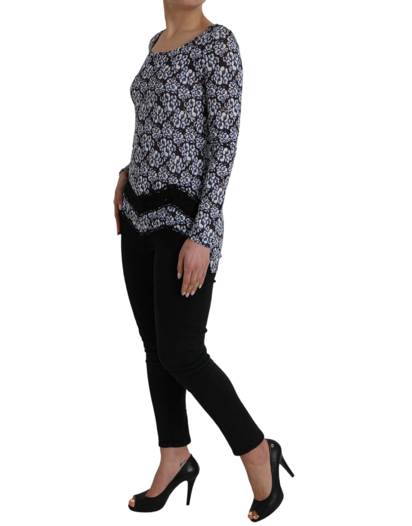 Blue Floral Lace Long Sleeves Top Underwear Blouse - SEHABRANDS