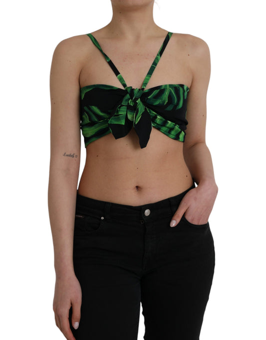 Dolce & Gabbana Black Green Leaf Silk Halter Cropped Top