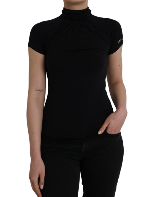 Black Turtleneck Viscose Short Sleeve Top - SEHABRANDS