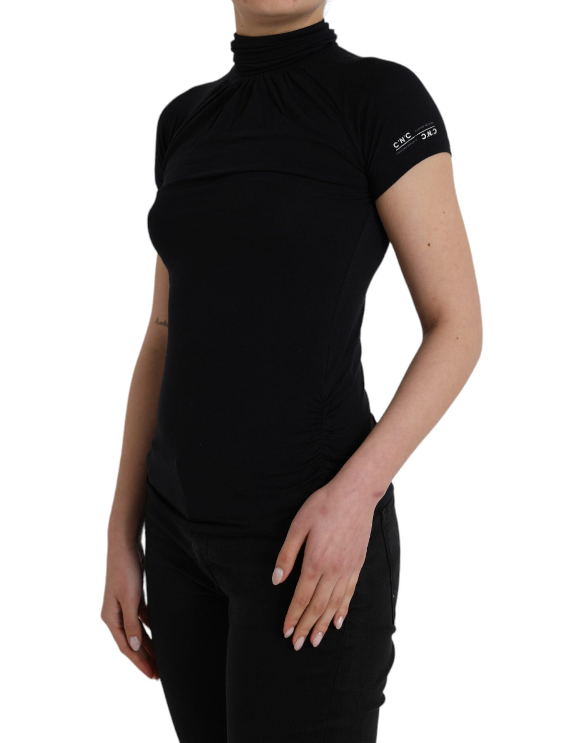 Black Turtleneck Viscose Short Sleeve Top - SEHABRANDS