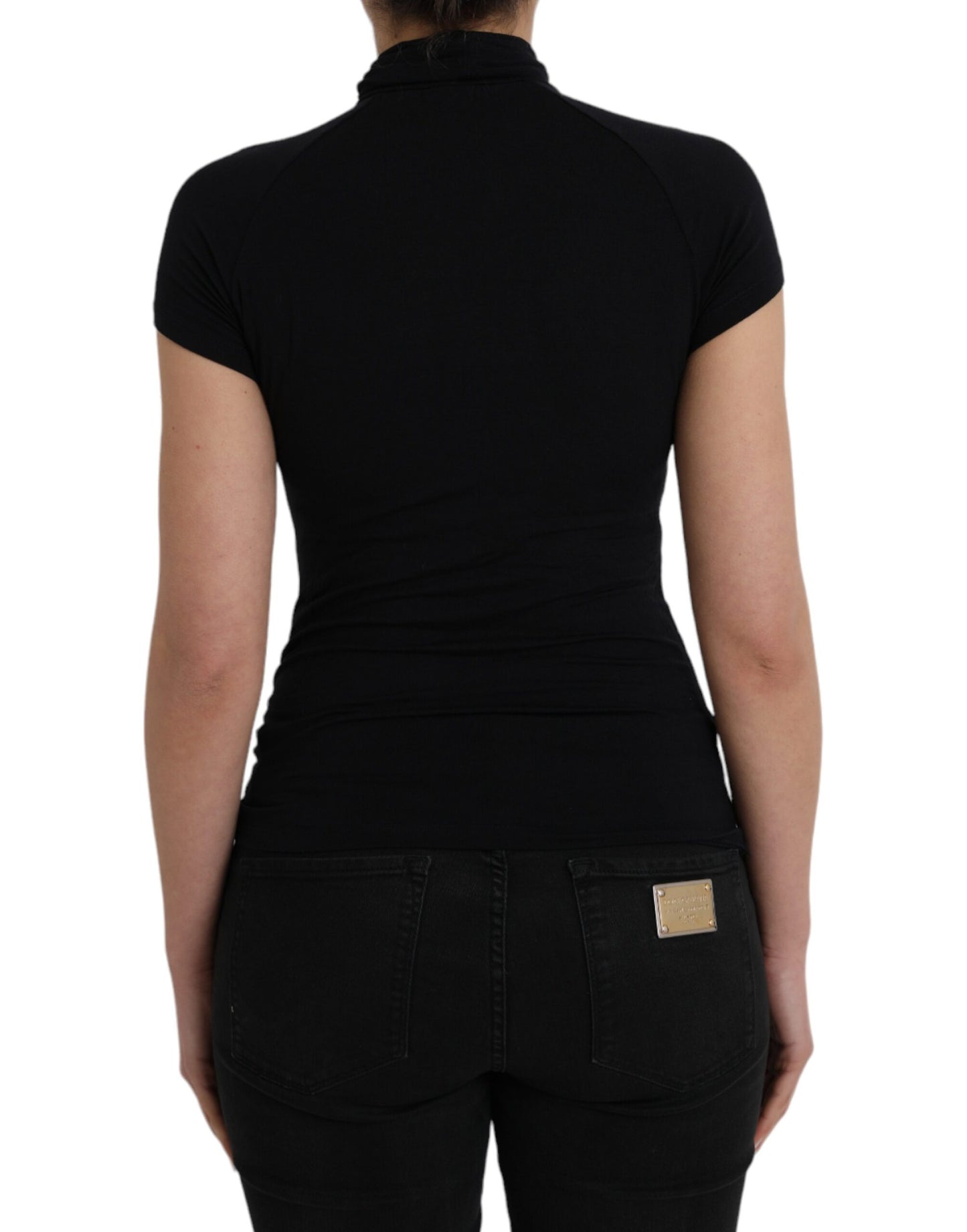 Black Turtleneck Viscose Short Sleeve Top - SEHABRANDS