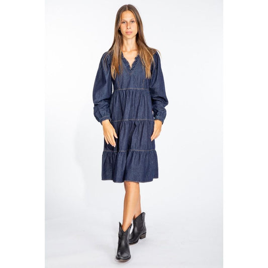 Elegant Dark Blue Denim Flare Dress - SEHABRANDS