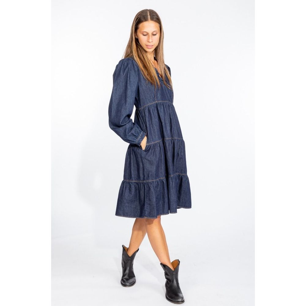 Elegant Dark Blue Denim Flare Dress - SEHABRANDS