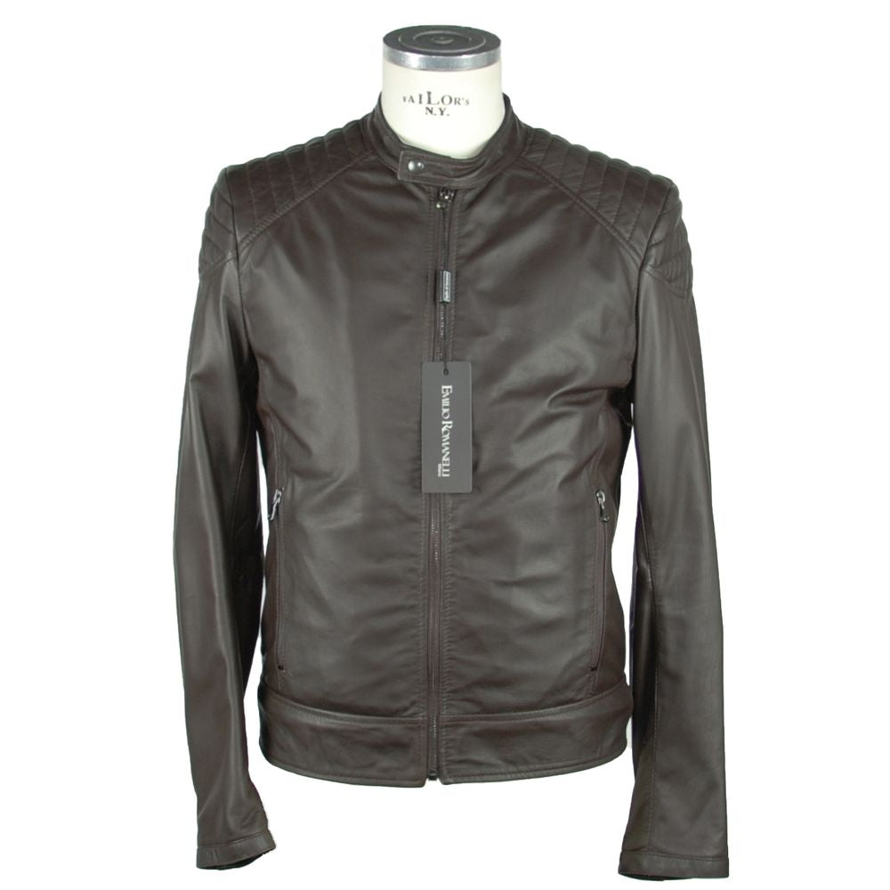 Elegant Brown Leather Zip Jacket - SEHABRANDS