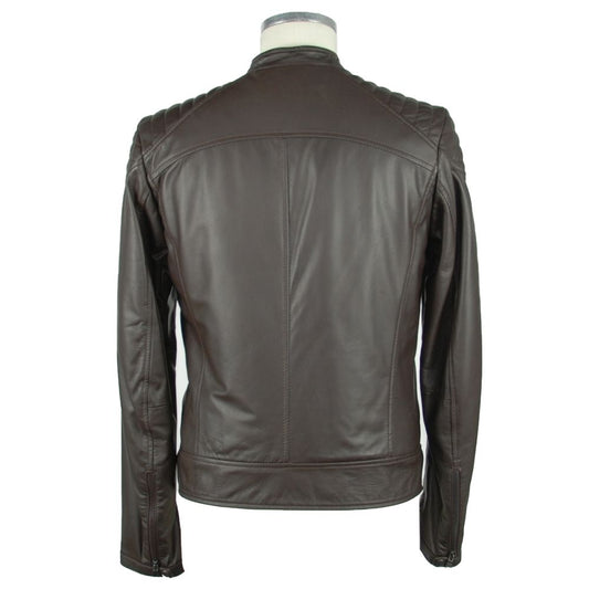 Elegant Brown Leather Zip Jacket - SEHABRANDS