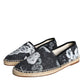 Dolce & Gabbana Black Floral Cotton Leather Espadrilles Shoes