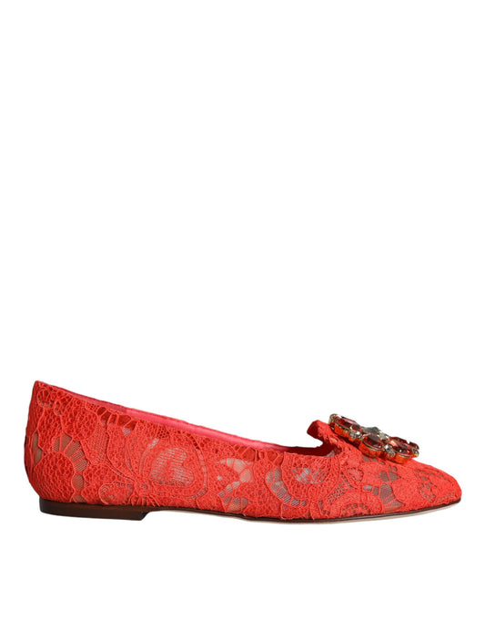 Dolce & Gabbana Coral Lace Crystal Ballet Flats Loafers Shoes