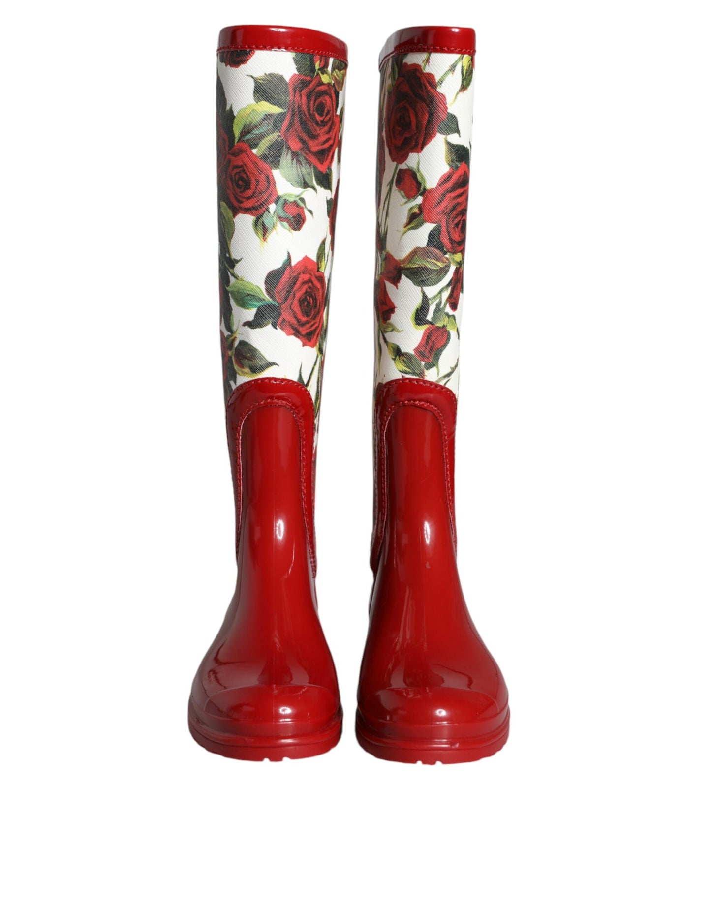 Dolce & Gabbana Red Floral Rubber Knee High Flat Boots Shoes