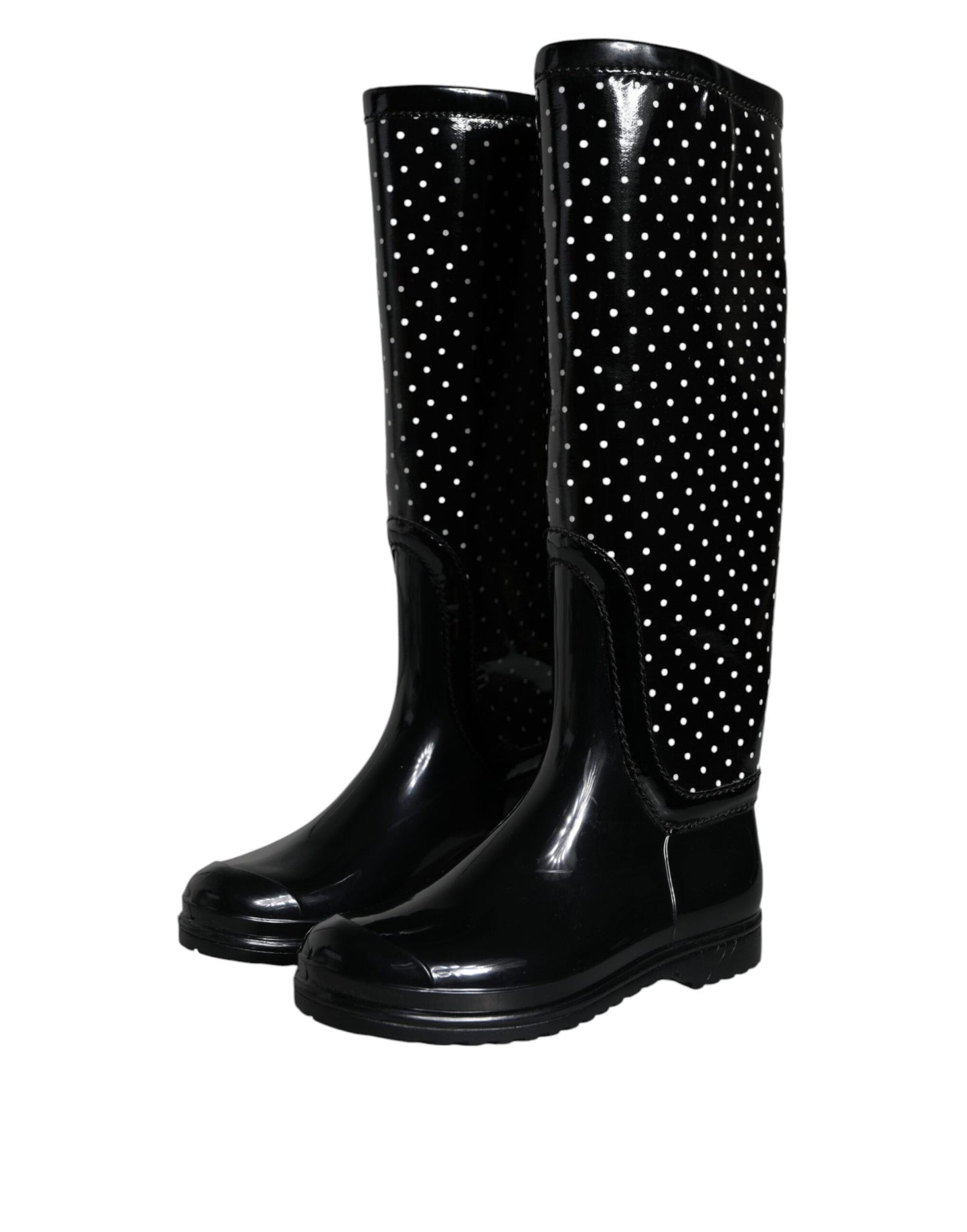 Dolce & Gabbana Black Polka Dot Rubber Knee High Boots Shoes