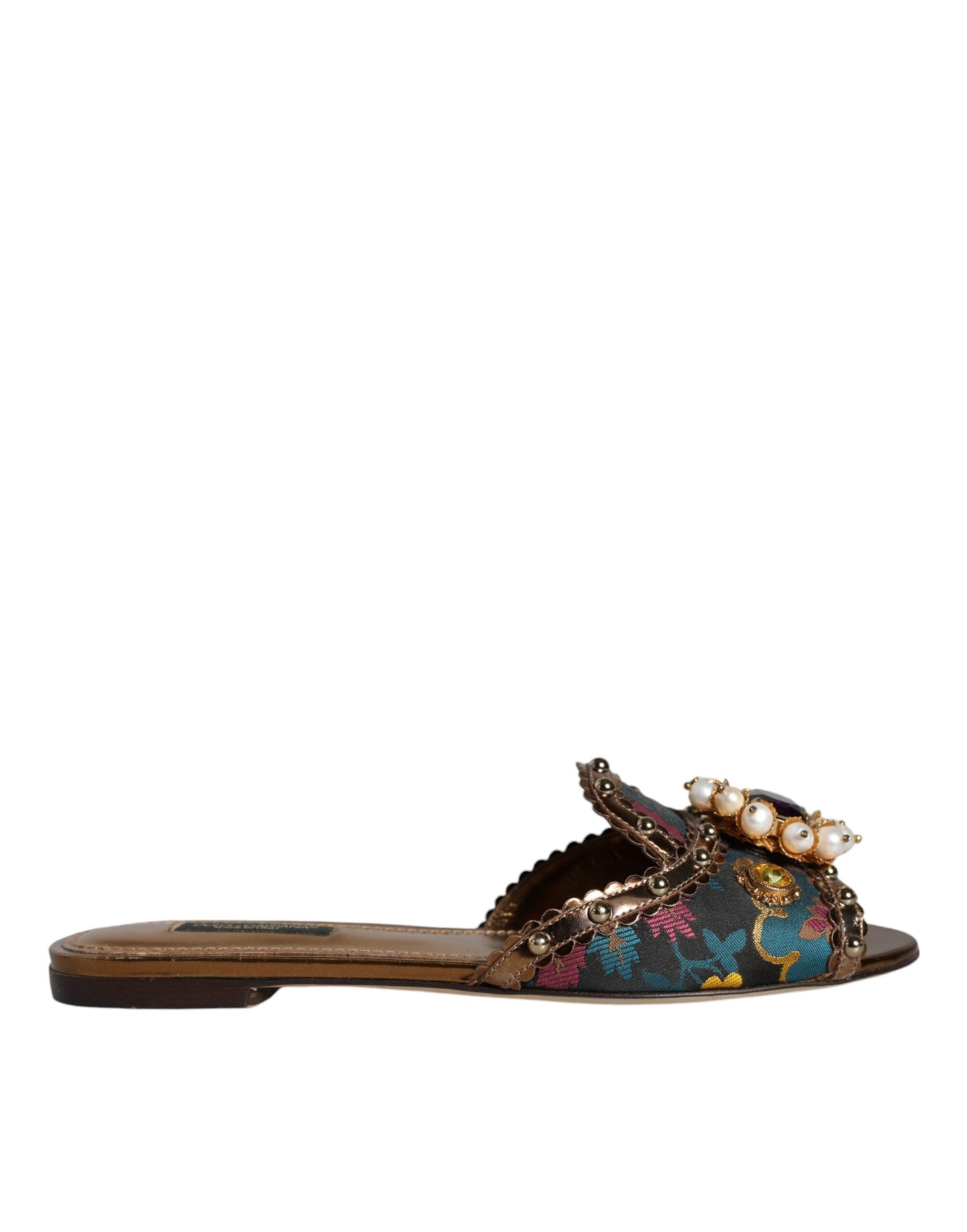 Dolce & Gabbana Multicolor Jacquard Embellished Slides Flats Shoes