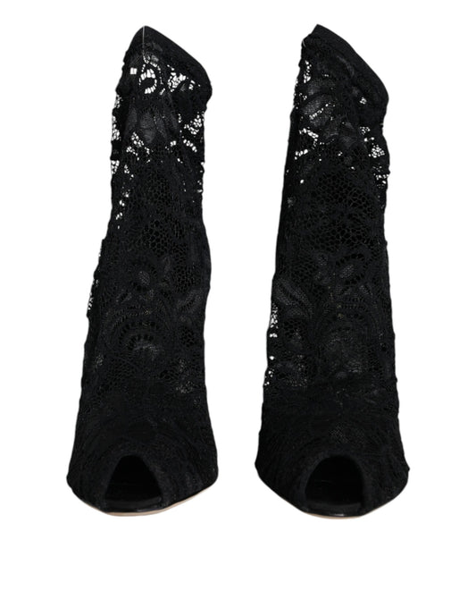 Dolce & Gabbana Black Lace Stretch Heels Mid Calf Boot Shoes