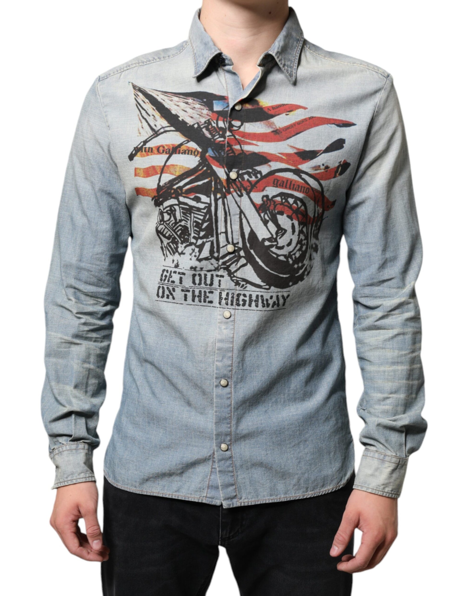 Light Blue Printed Cotton Denim Long Sleeves Shirt - SEHABRANDS