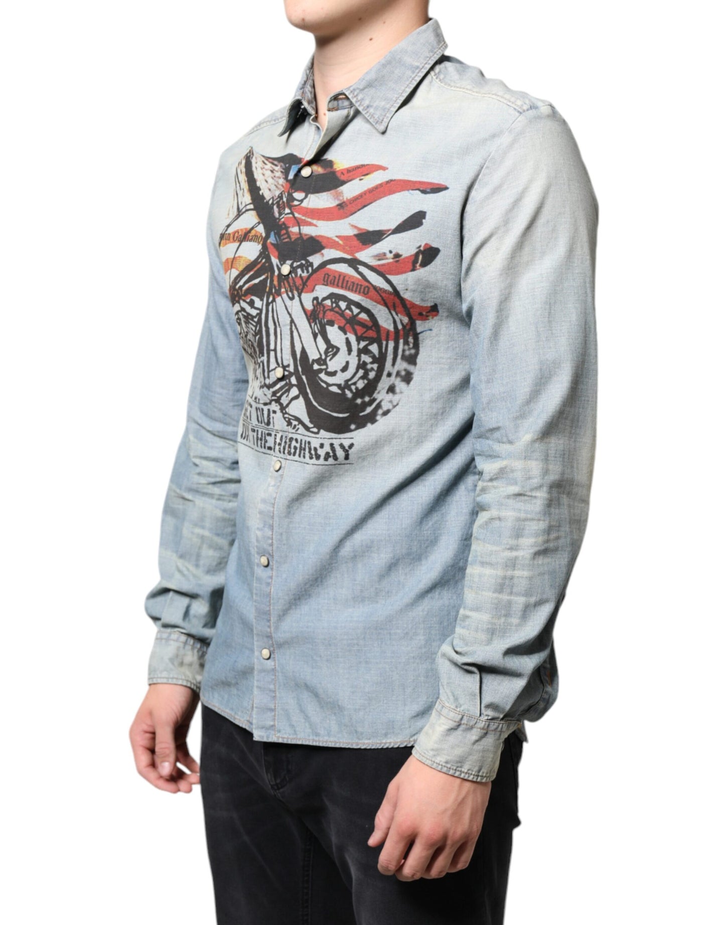 Light Blue Printed Cotton Denim Long Sleeves Shirt - SEHABRANDS