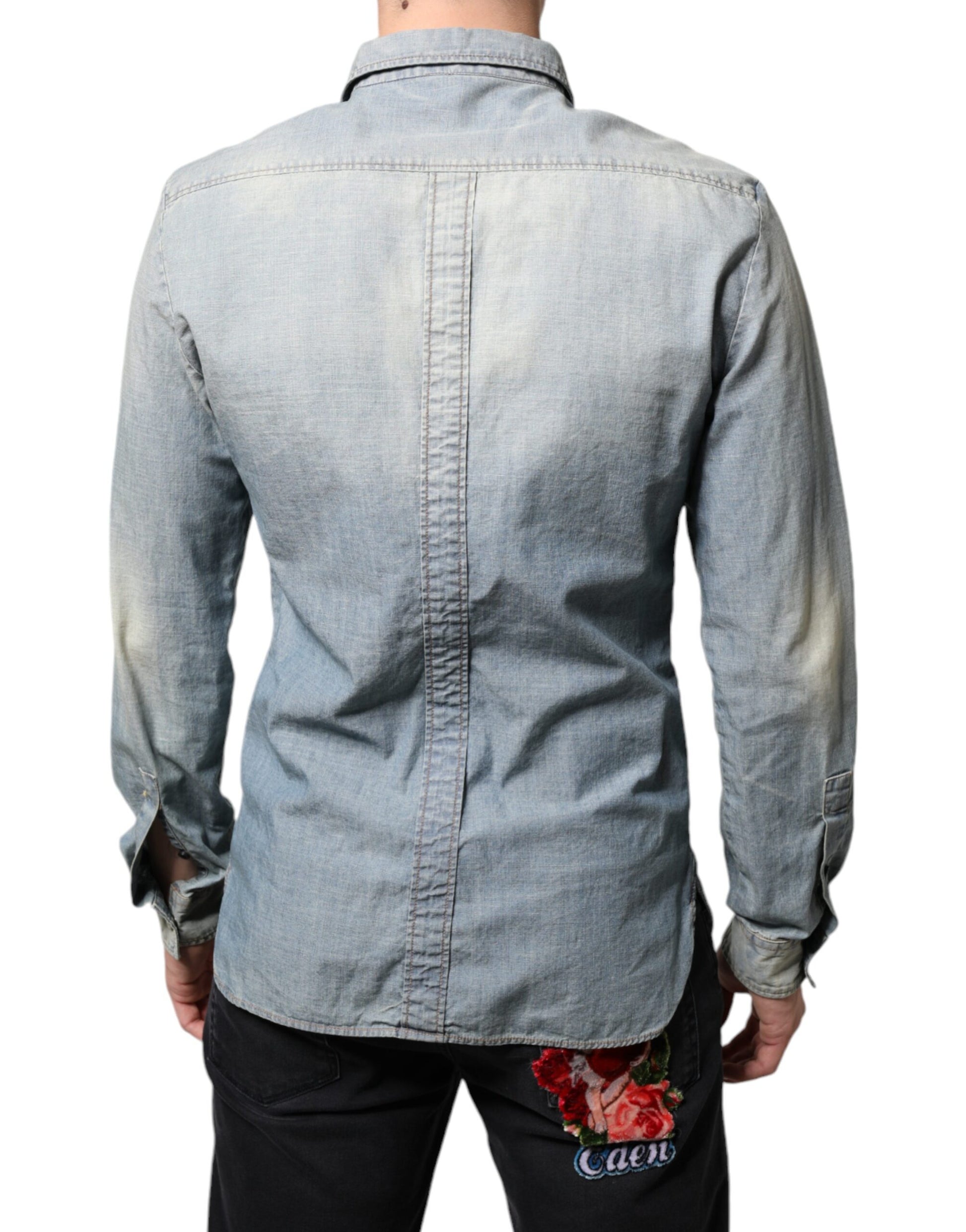 Light Blue Printed Cotton Denim Long Sleeves Shirt - SEHABRANDS