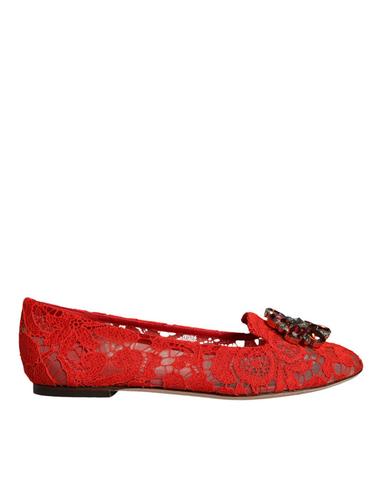 Dolce & Gabbana Red Lace Crystal Ballet Flats Loafers Shoes