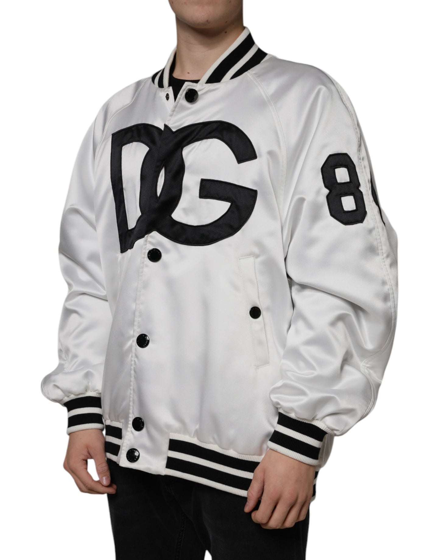 Dolce & Gabbana White Polyester Logo Full Zip Bomber Jacket