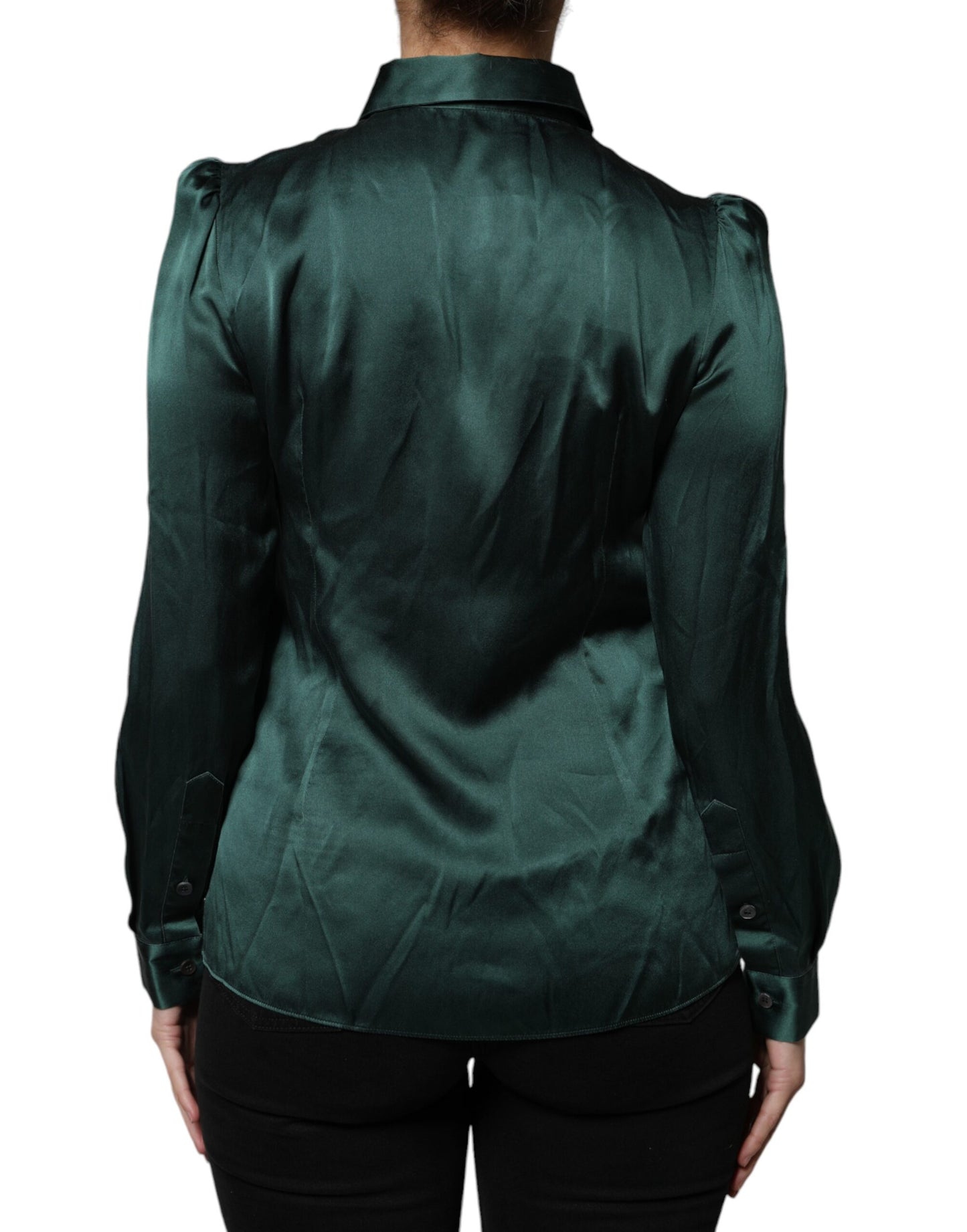 Dolce & Gabbana Dark Green Silk Button Down Long Sleeves Blouse Top