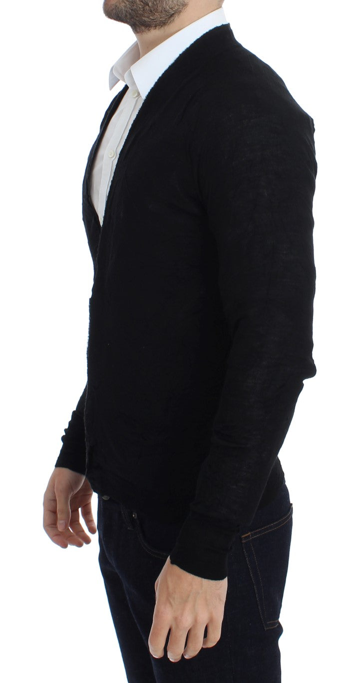 Elegant Black Merino Wool Cardigan - SEHABRANDS